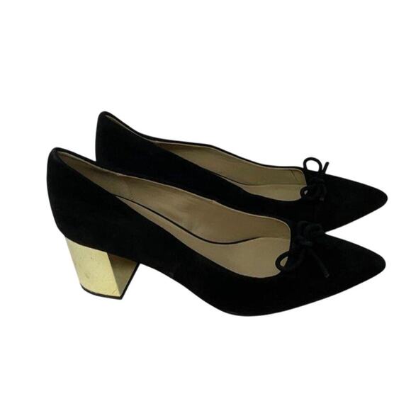 Women’s Size 8.5M Ann Taylor Black Suede Pumps Gold Block Heel Bow Pointed Toe - Picture 1 of 7
